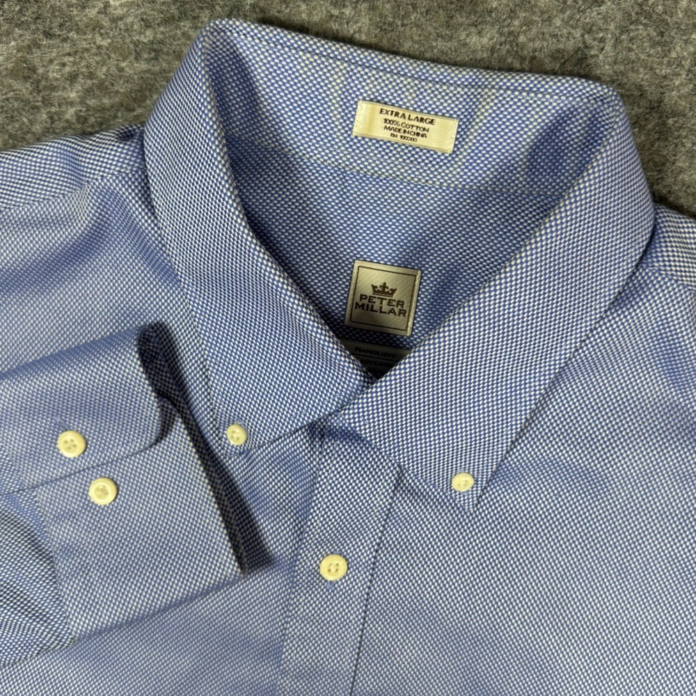 Peter Millar Nanoluxe Easy Care Button Down Shirt Mens XL Blue Micro Check